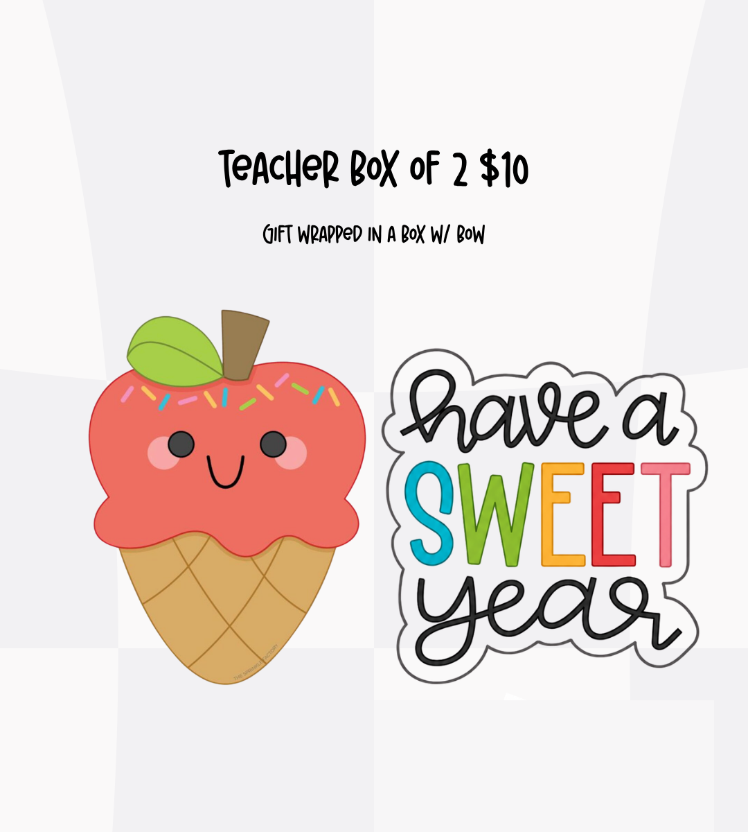 Teacher box of two apple and have a sweet year sugar cookies gift wrapped in a box with bow
