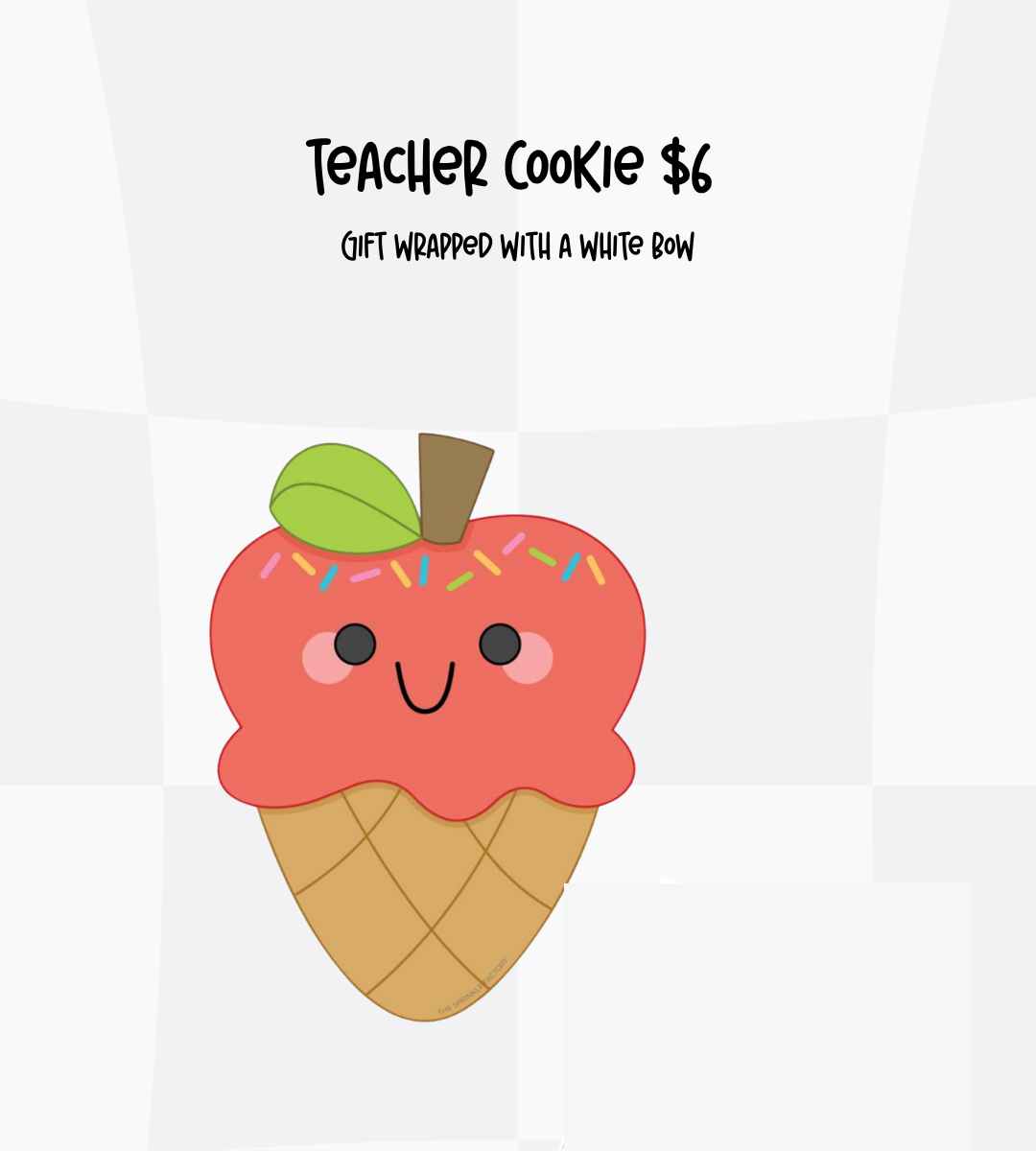 Teacher apple ice cream cone sugar cookie gift wrapped with a white bow