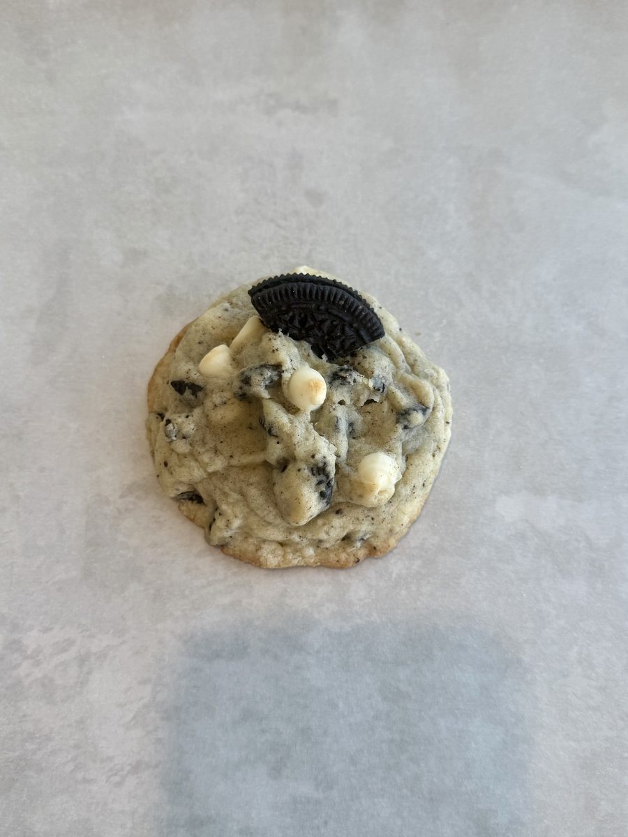Cookies and cream drop cookie with Oreo pieces and white chocolate chips